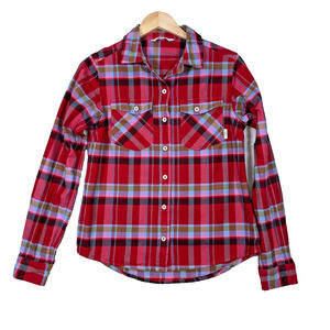 Stio Shirt Women Small Red Multi Plaid Organic Cotton Flannel Long Sleeve